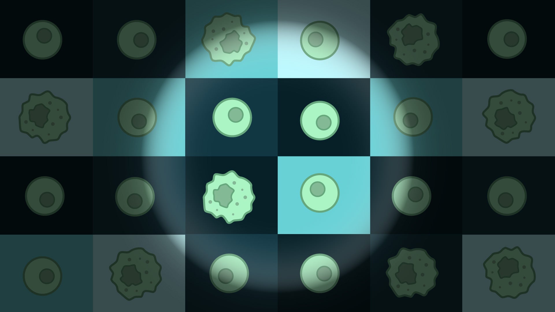 Illustration: A grid of healthy and cancerous cells is illuminated with a spotlight.